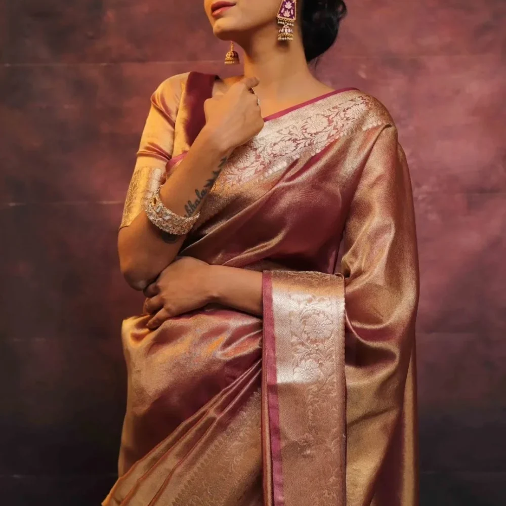 banarasi tissue silk saree red color