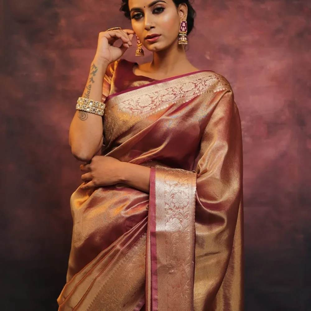 banarasi tissue silk saree red color