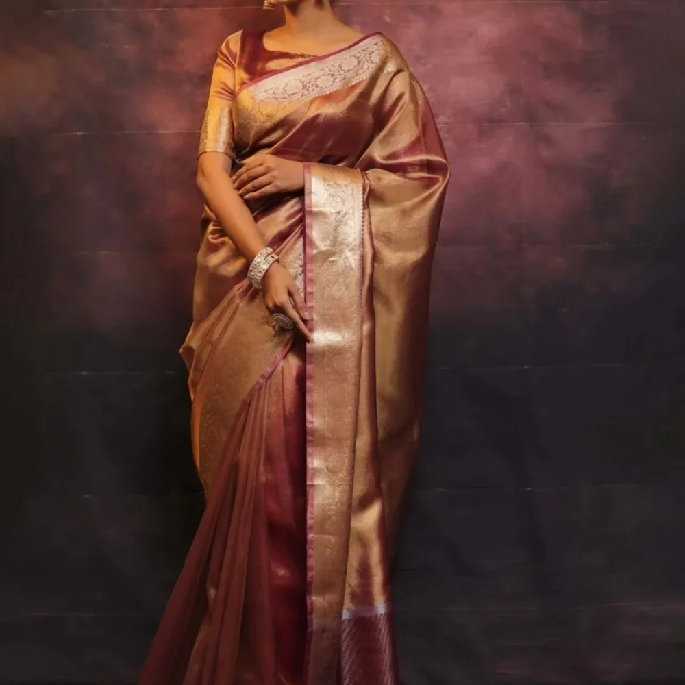 banarasi tissue silk saree red color