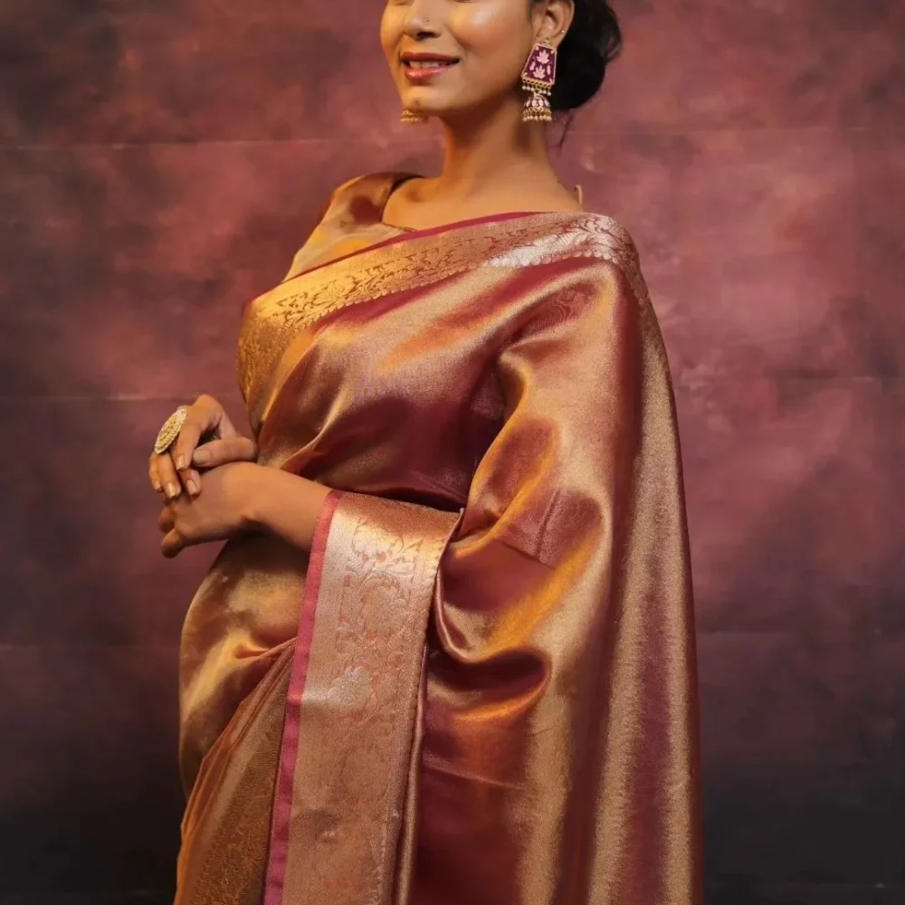 banarasi tissue silk saree red color