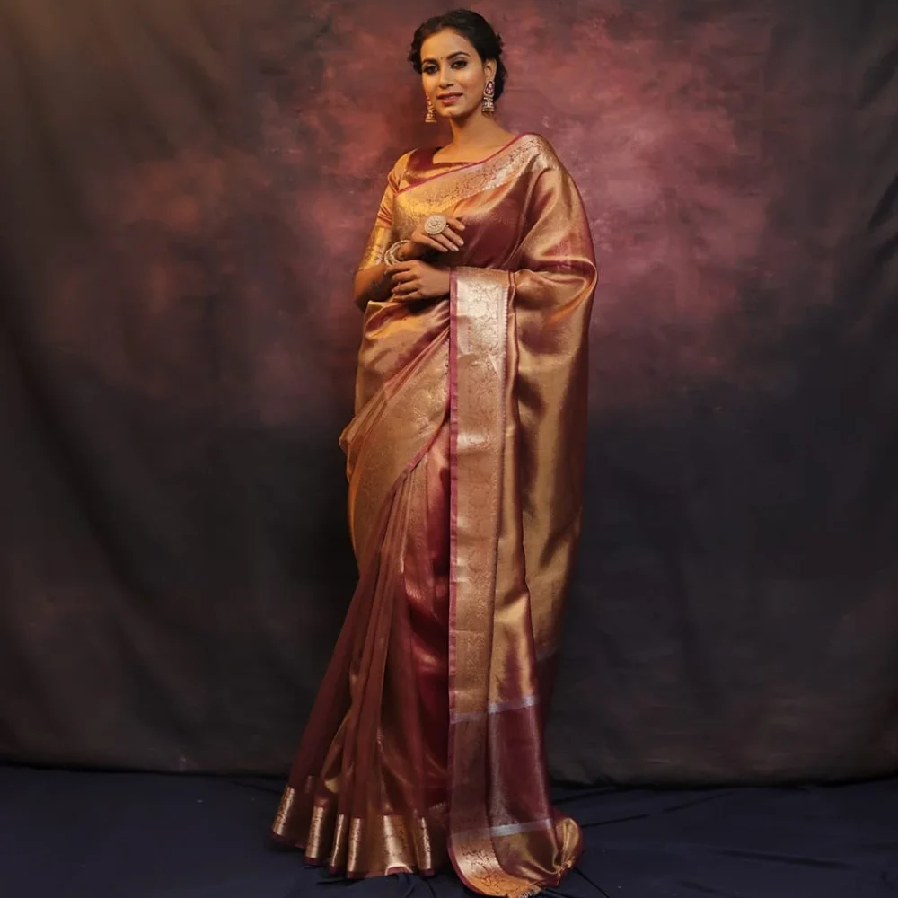 banarasi tissue silk saree red color