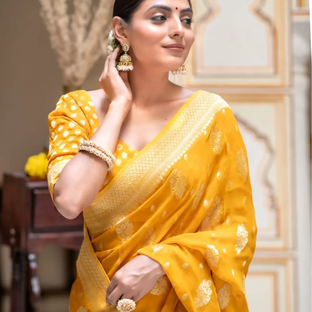 Banarasi Yellow Semi Georgette Saree By Ardhaangini