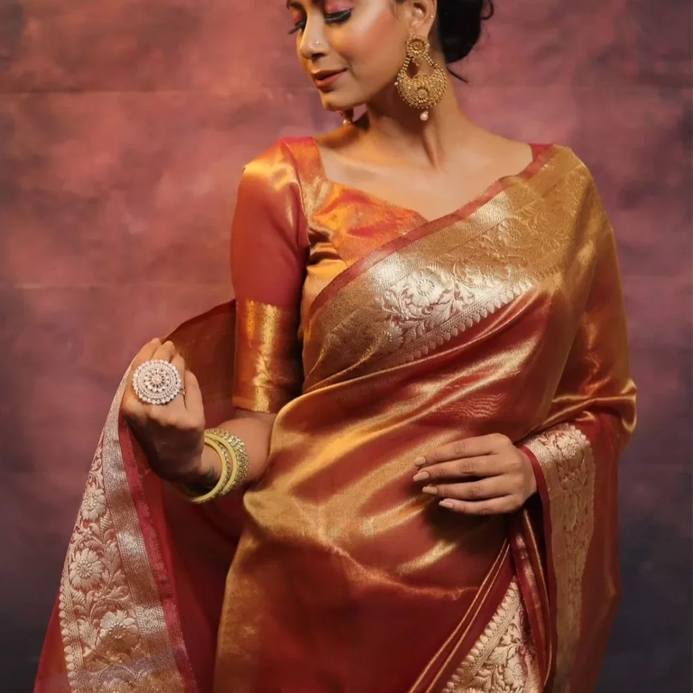 orange banarasi tissue silk saree