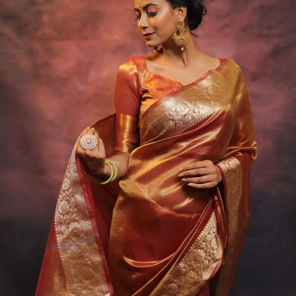 orange banarasi tissue silk saree