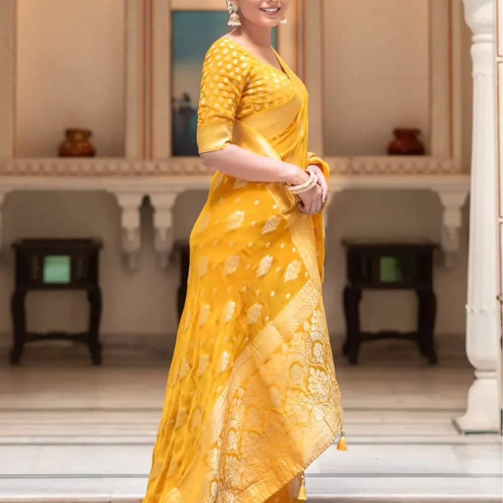 Banarasi Yellow Semi Georgette Saree By Ardhaangini