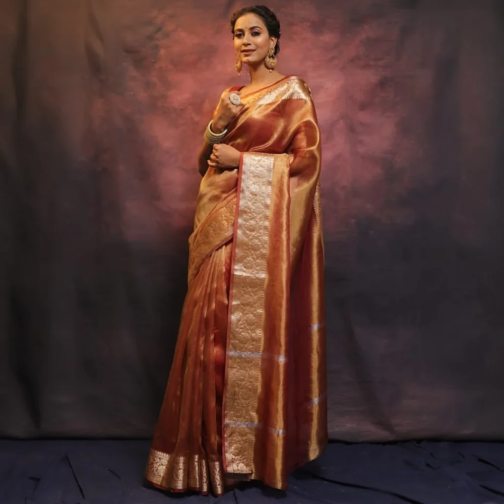 orange banarasi tissue silk saree