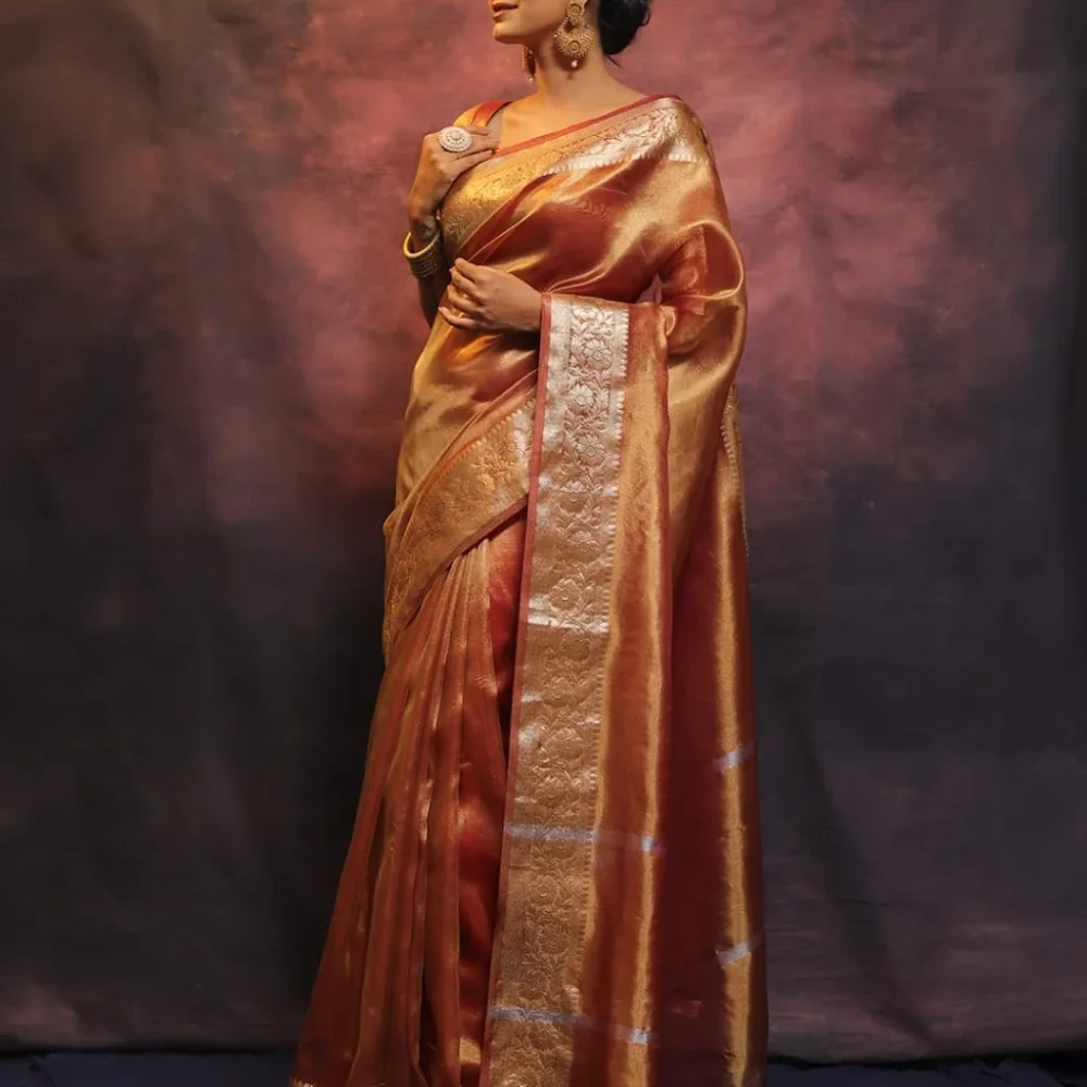 orange banarasi tissue silk saree