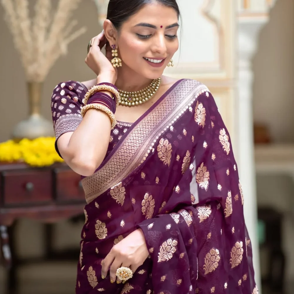 Banarasi Magenta Semi Georgette Saree By Ardhaangini