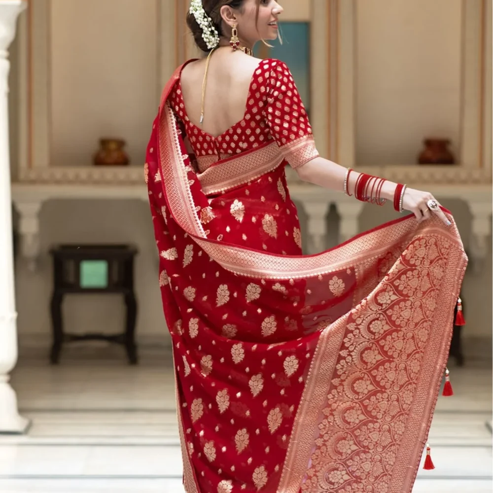 Banarasi Red Color Semi Georgette Saree By Ardhaangini