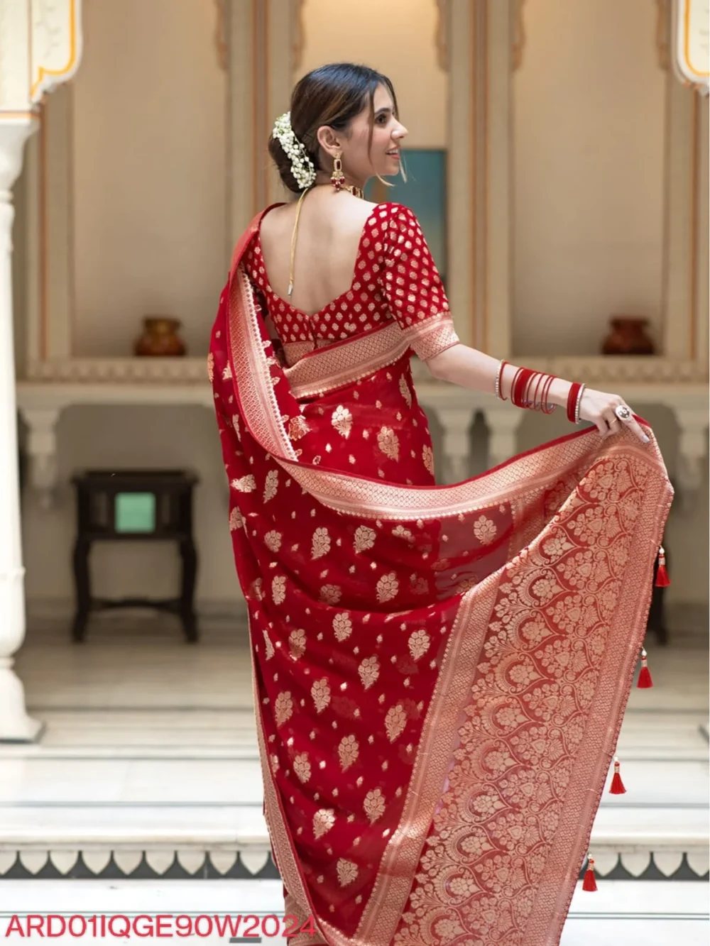 Banarasi Red Color Semi Georgette Saree By Ardhaangini