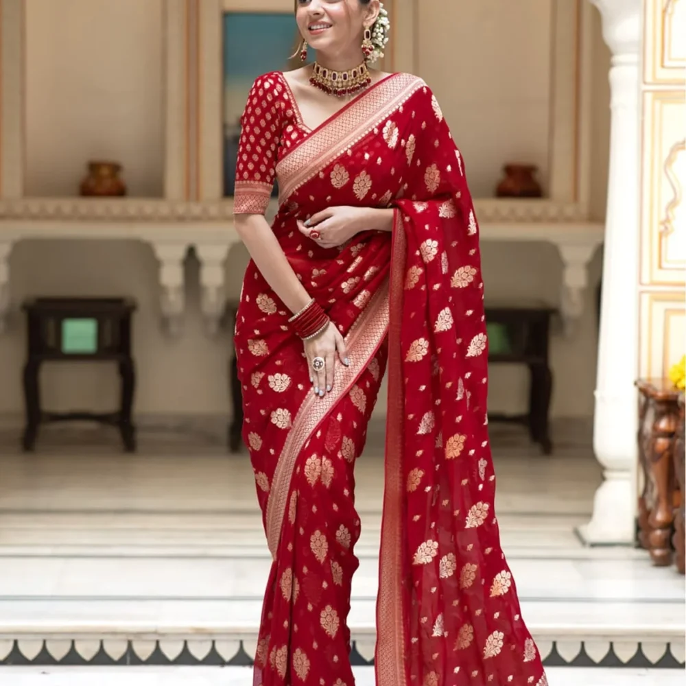 Banarasi Red Color Semi Georgette Saree By Ardhaangini