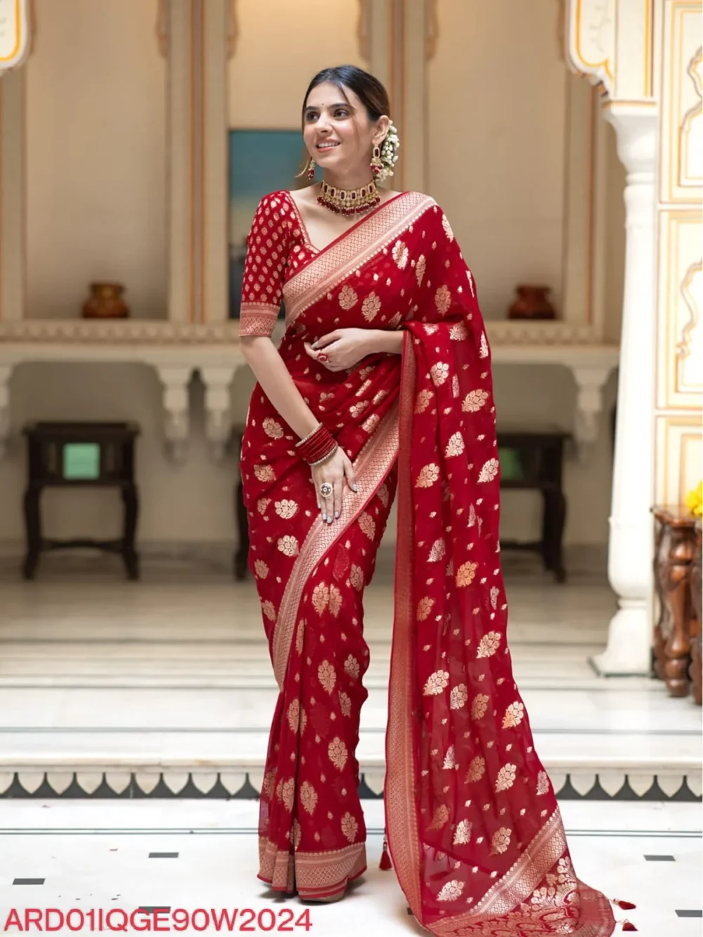 Banarasi Red Color Semi Georgette Saree By Ardhaangini