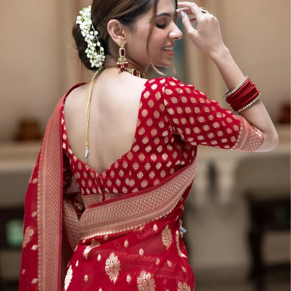 Banarasi Red Color Semi Georgette Saree By Ardhaangini