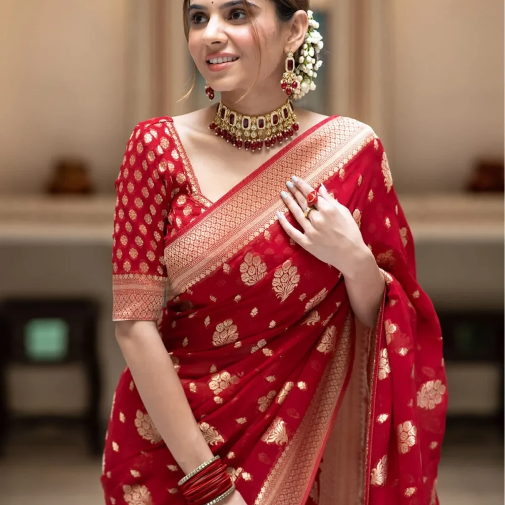 Banarasi Red Color Semi Georgette Saree By Ardhaangini