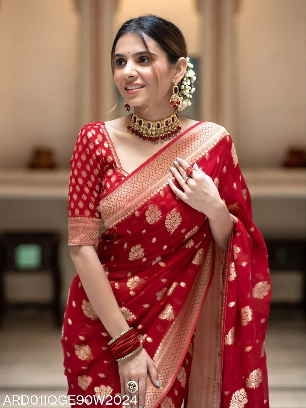 Banarasi Red Color Semi Georgette Saree By Ardhaangini