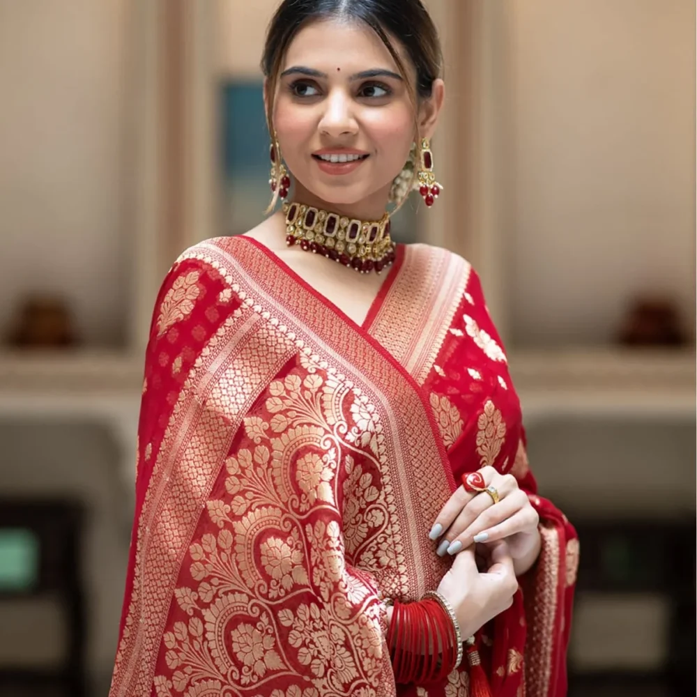 Banarasi Red Color Semi Georgette Saree By Ardhaangini