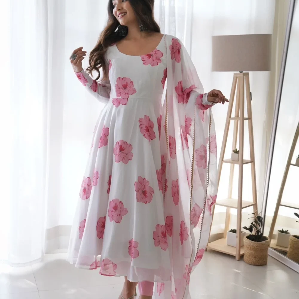 Faux Georgette White Color Floral Print Long Dress with Dupatta by Ardhaangini