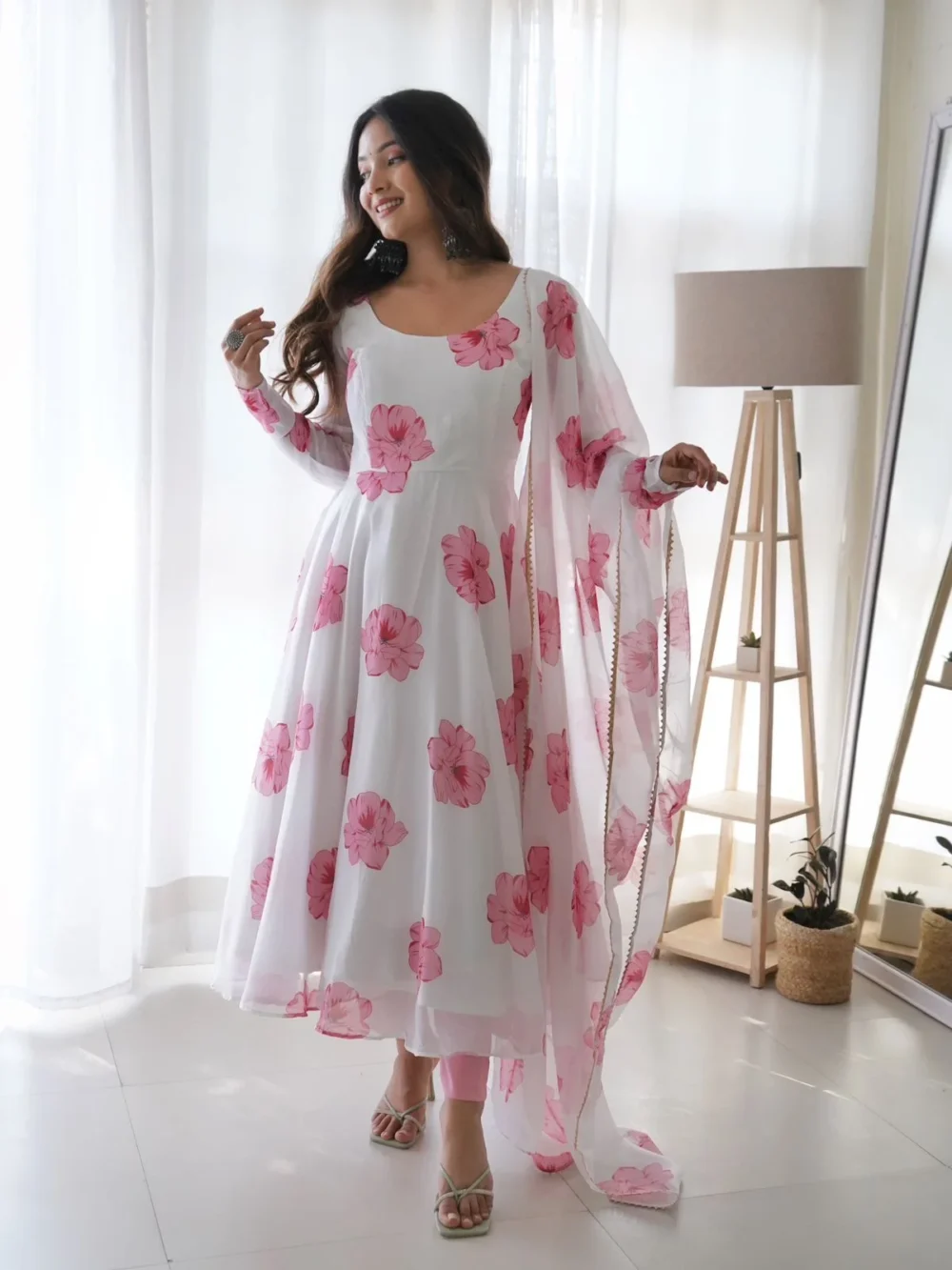 Faux Georgette White Color Floral Print Long Dress with Dupatta by Ardhaangini