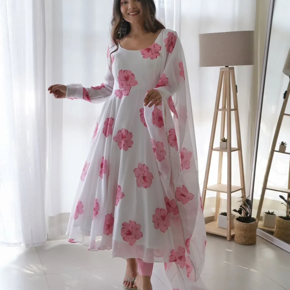 Faux Georgette White Color Floral Print Long Dress with Dupatta by Ardhaangini