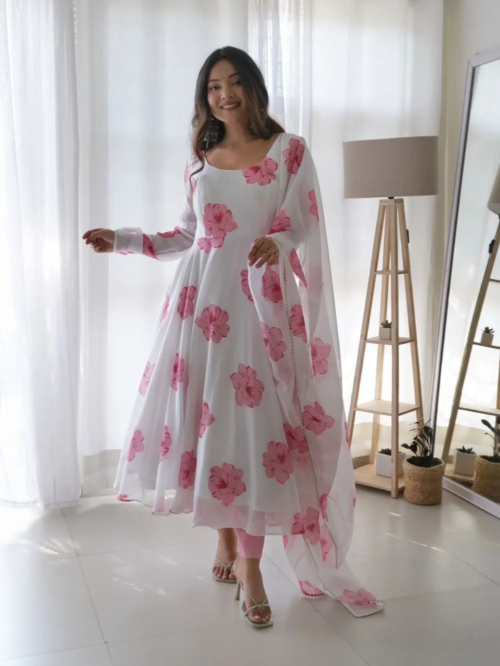 Faux Georgette White Color Floral Print Long Dress with Dupatta by Ardhaangini