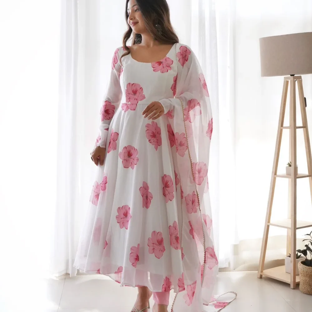 Faux Georgette White Color Floral Print Long Dress with Dupatta by Ardhaangini