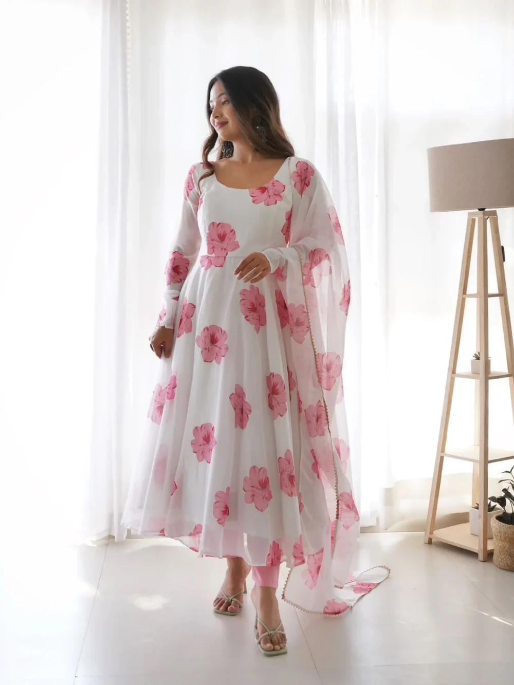 Faux Georgette White Color Floral Print Long Dress with Dupatta by Ardhaangini