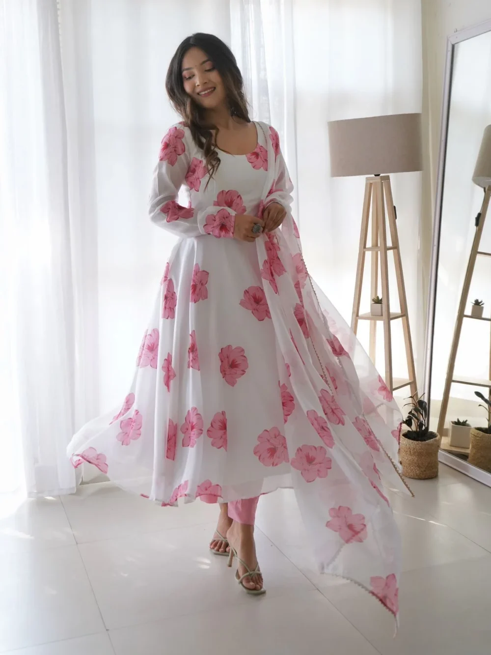 Faux Georgette White Color Floral Print Long Dress with Dupatta by Ardhaangini