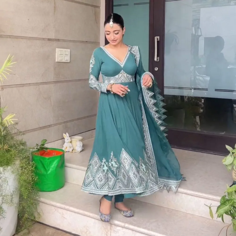 Designer Party Wear Gown with Pant and Embroidery Work