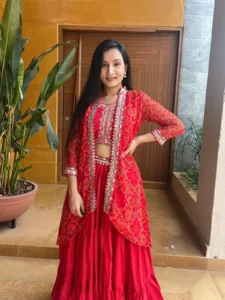 Red Color Bandhej Lehenga Choli with Shrug