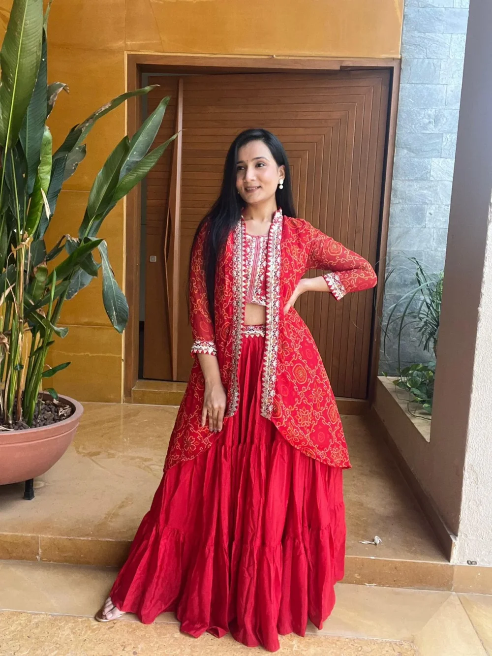 Red Color Bandhej Lehenga Choli with Shrug