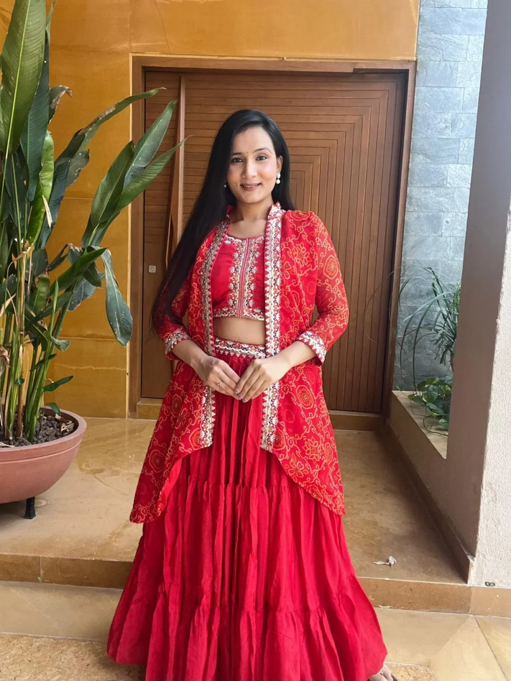 Red Color Bandhej Lehenga Choli with Shrug