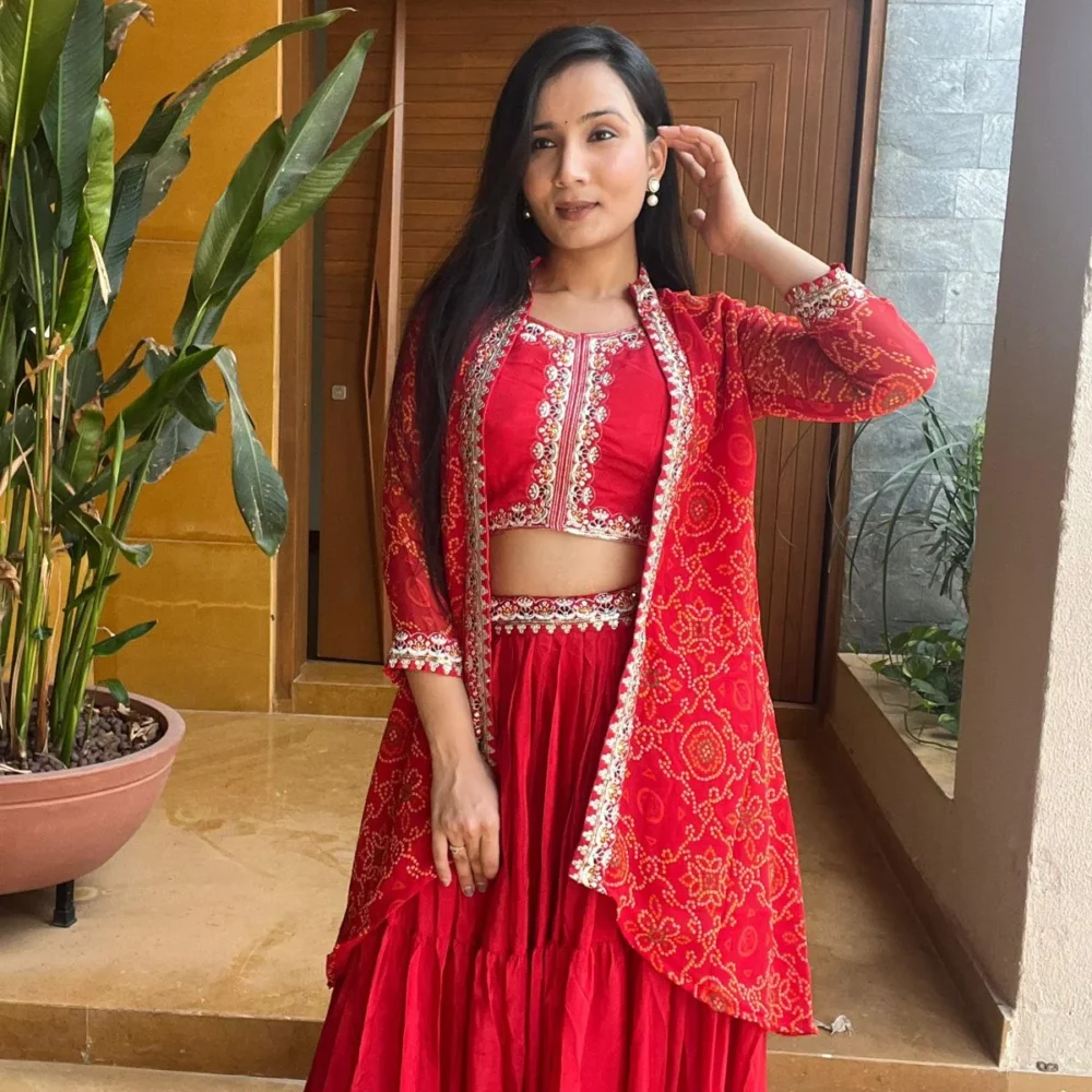 Red Color Bandhej Lehenga Choli with Shrug