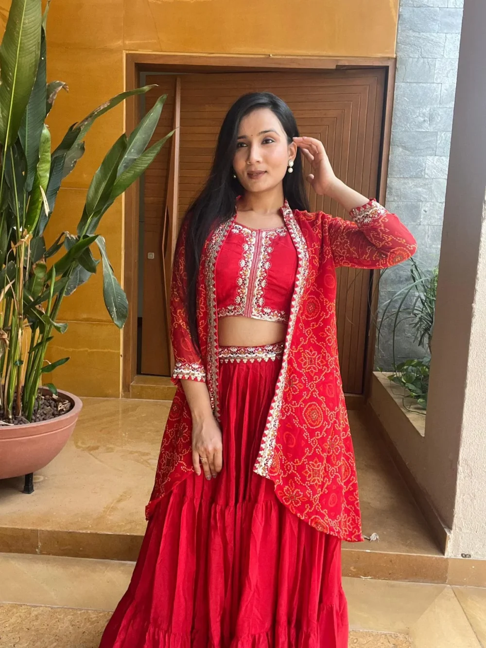 Red Color Bandhej Lehenga Choli with Shrug