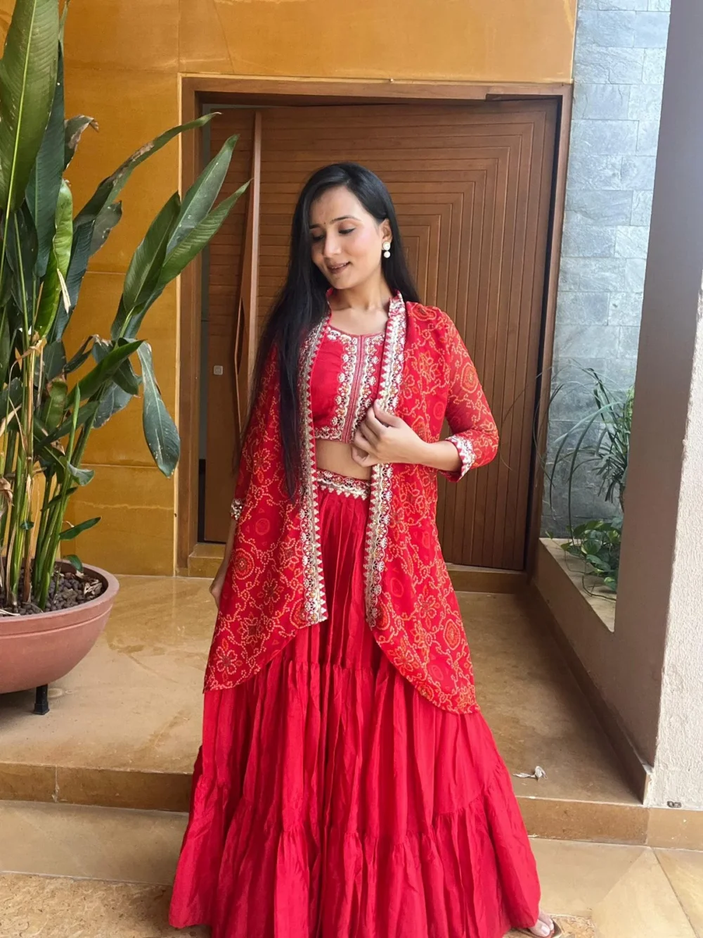 Red Color Bandhej Lehenga Choli with Shrug