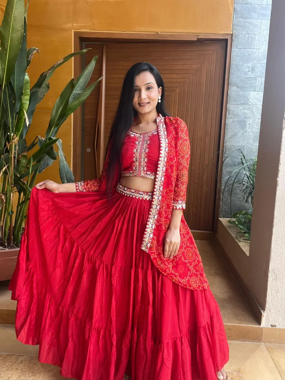 Red Color Bandhej Lehenga Choli with Shrug