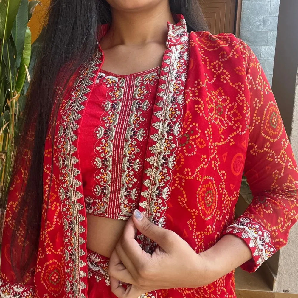 Red Color Bandhej Lehenga Choli with Shrug