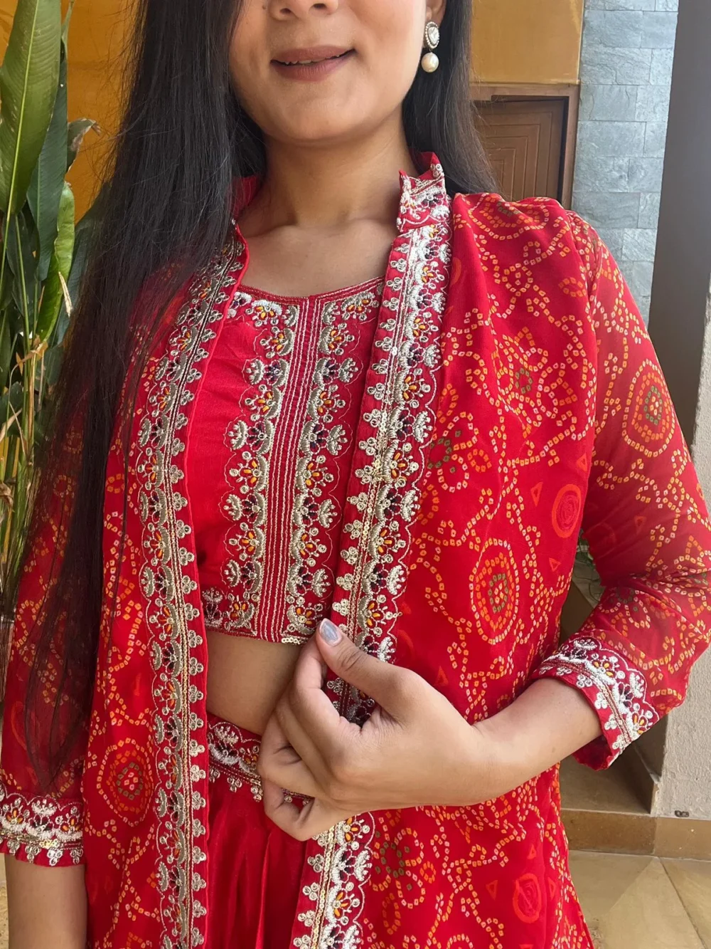 Red Color Bandhej Lehenga Choli with Shrug