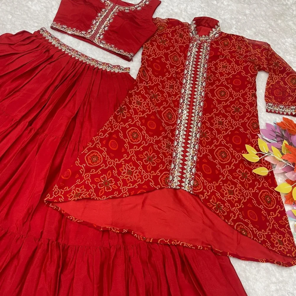 Red Color Bandhej Lehenga Choli with Shrug