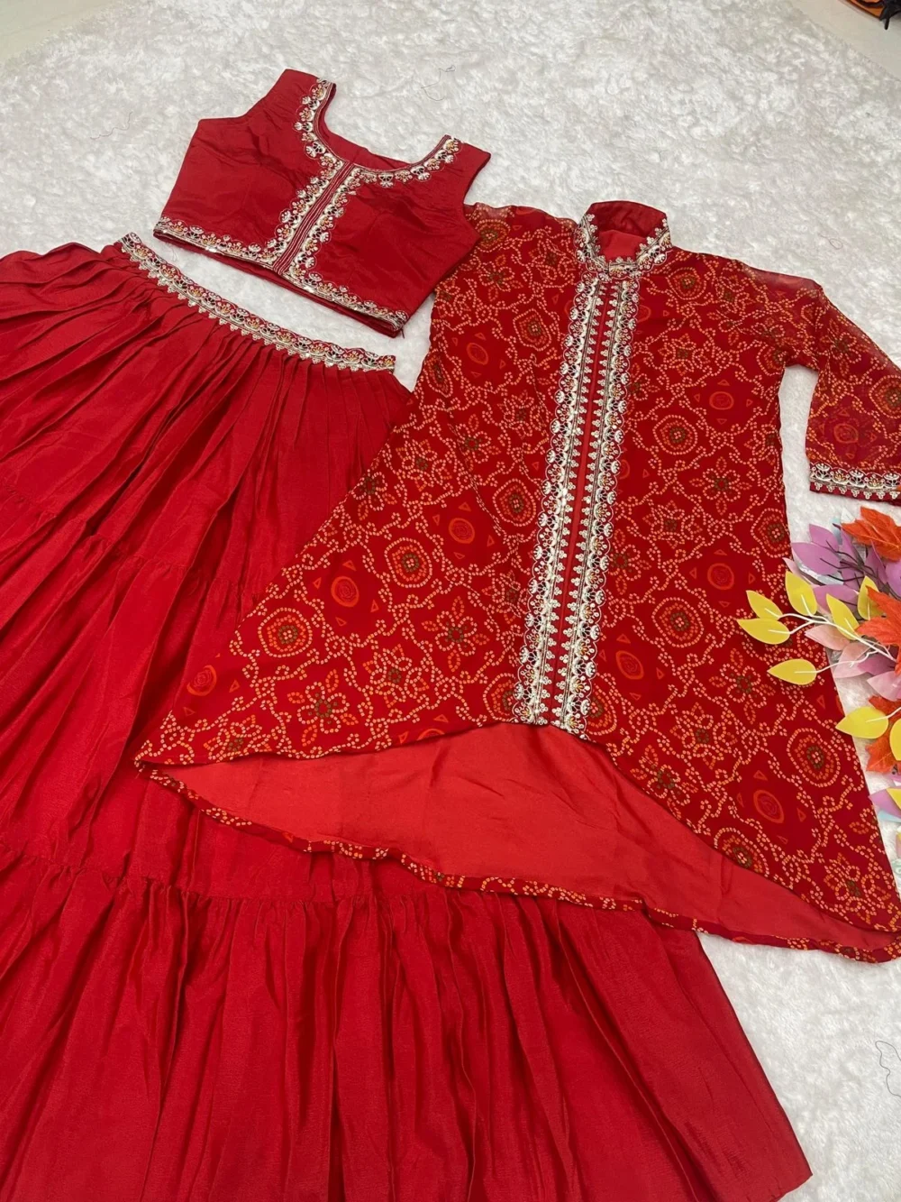 Red Color Bandhej Lehenga Choli with Shrug