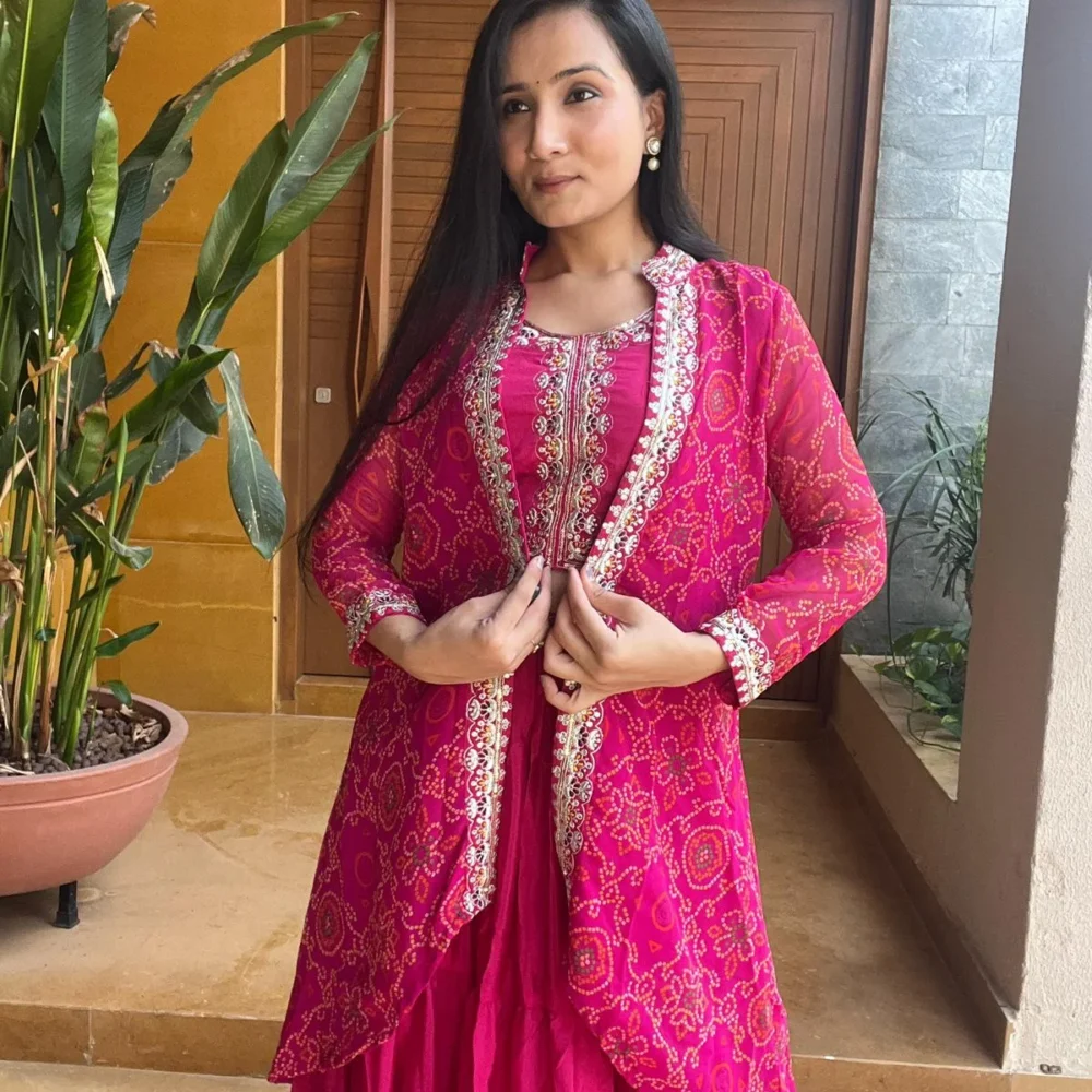 Pink Color Bandhej Lehenga Choli with Shrug