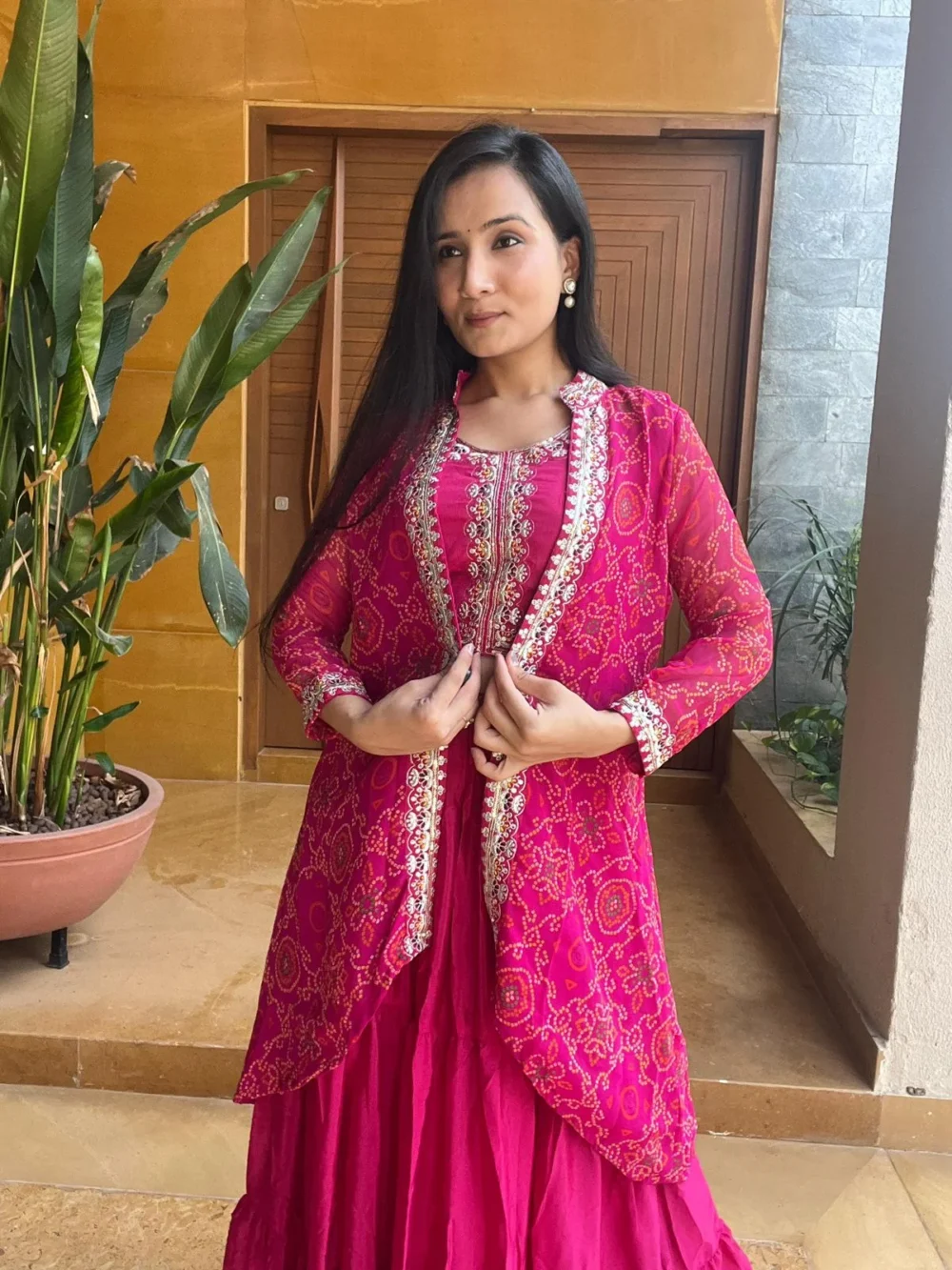 Pink Color Bandhej Lehenga Choli with Shrug