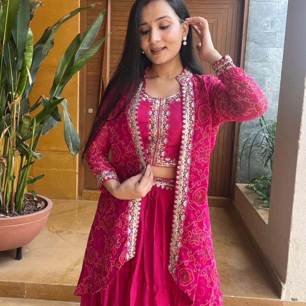 Pink Color Bandhej Lehenga Choli with Shrug