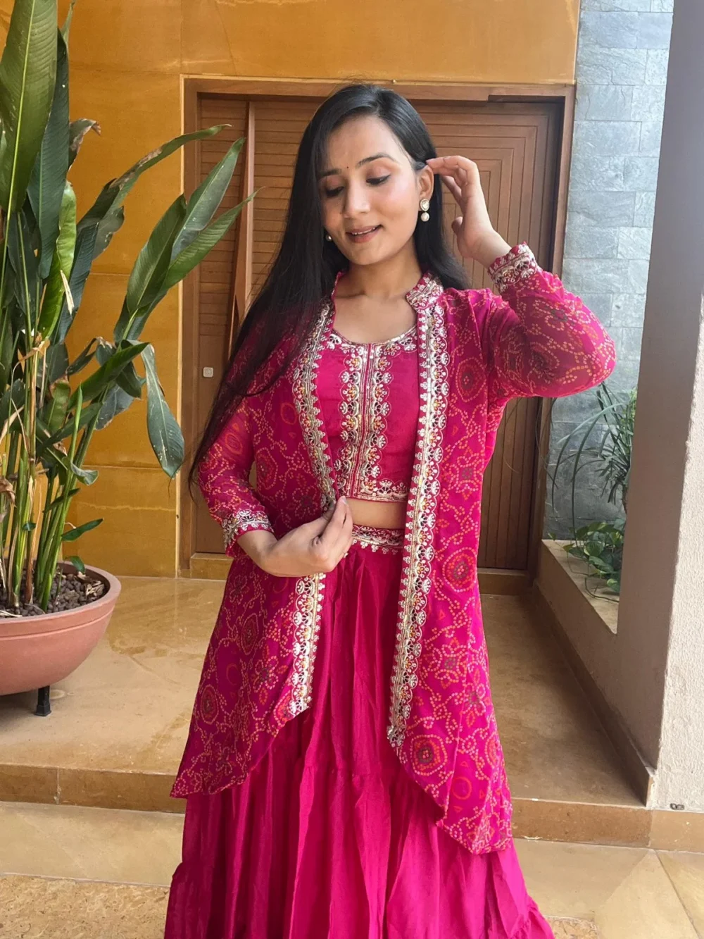 Pink Color Bandhej Lehenga Choli with Shrug