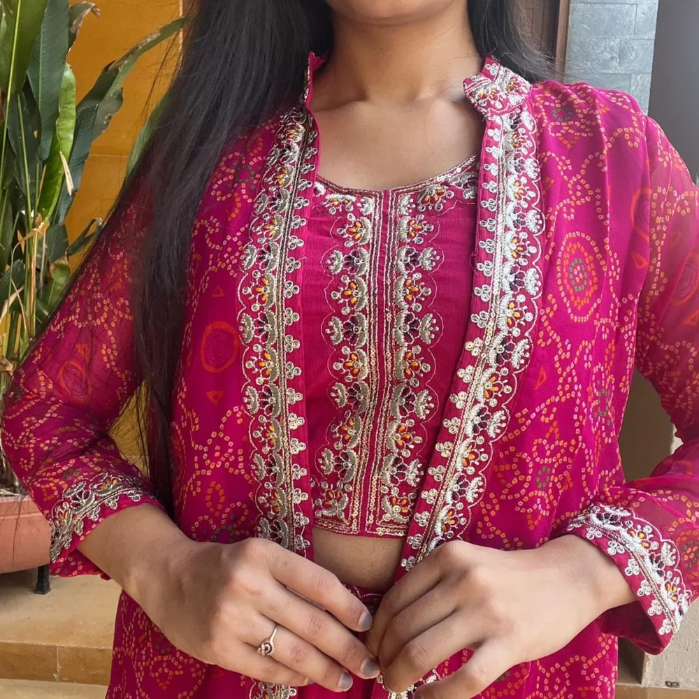 Pink Color Bandhej Lehenga Choli with Shrug