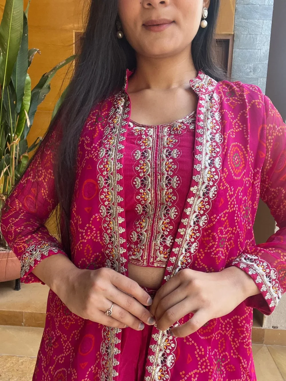 Pink Color Bandhej Lehenga Choli with Shrug