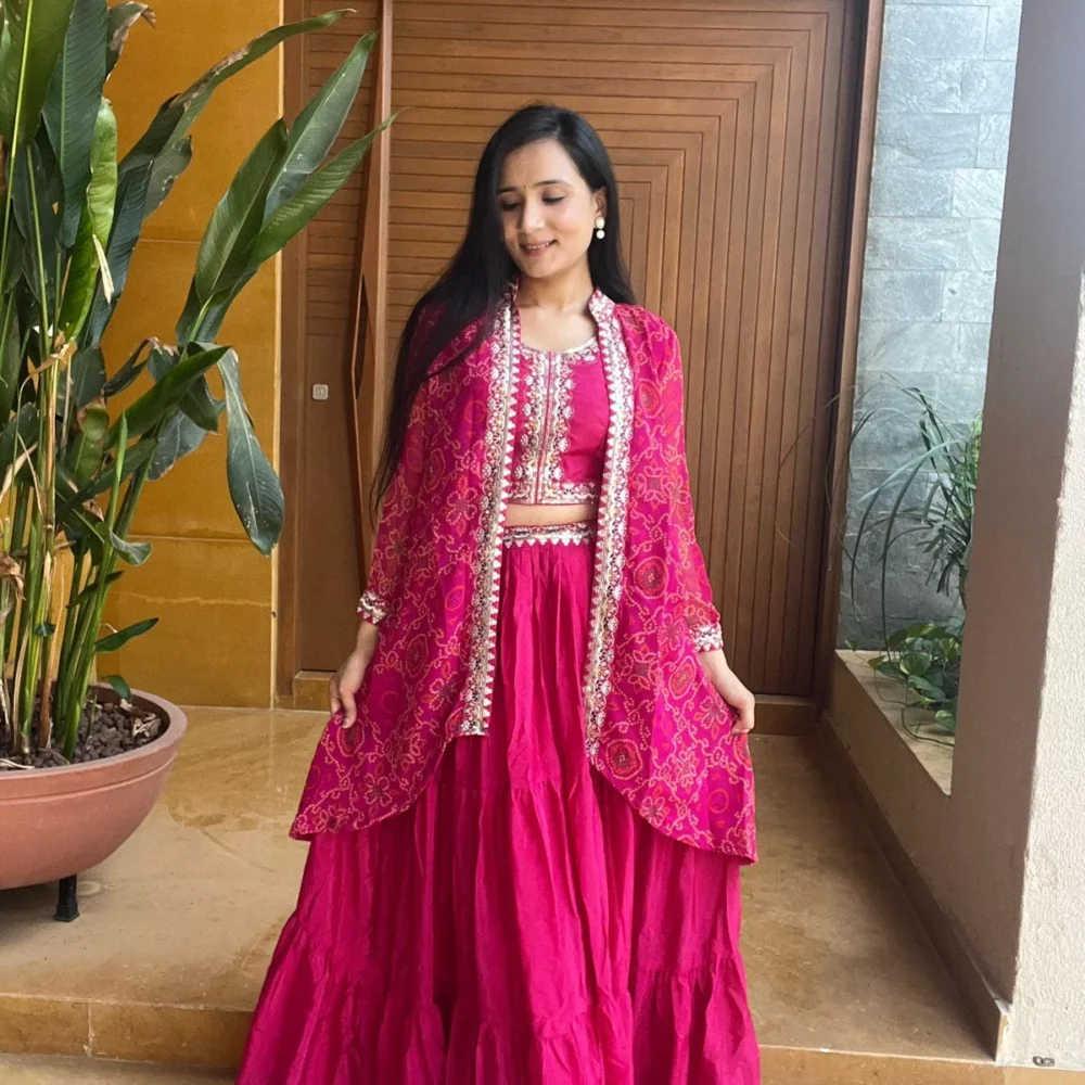 Pink Color Bandhej Lehenga Choli with Shrug