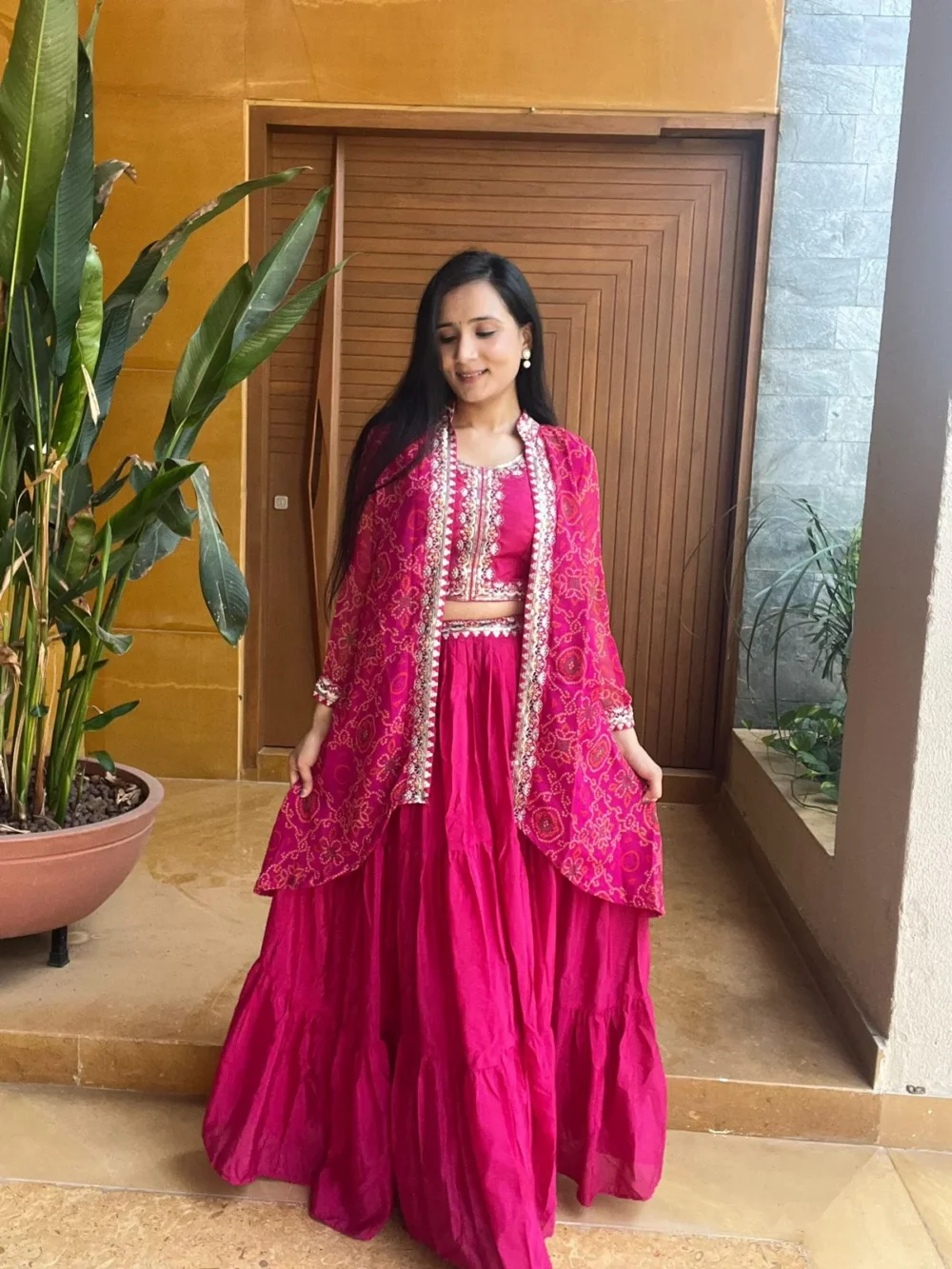 Pink Color Bandhej Lehenga Choli with Shrug