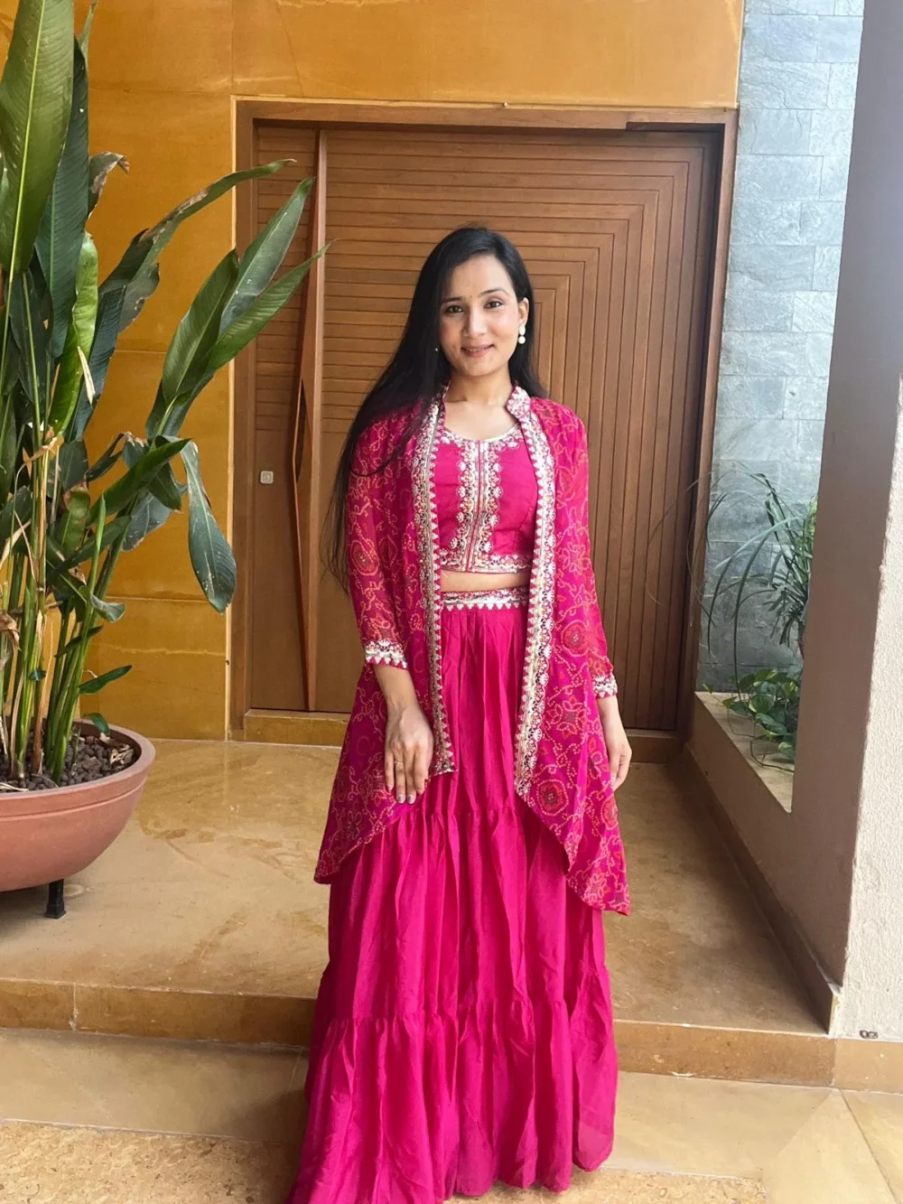 Pink Color Bandhej Lehenga Choli with Shrug