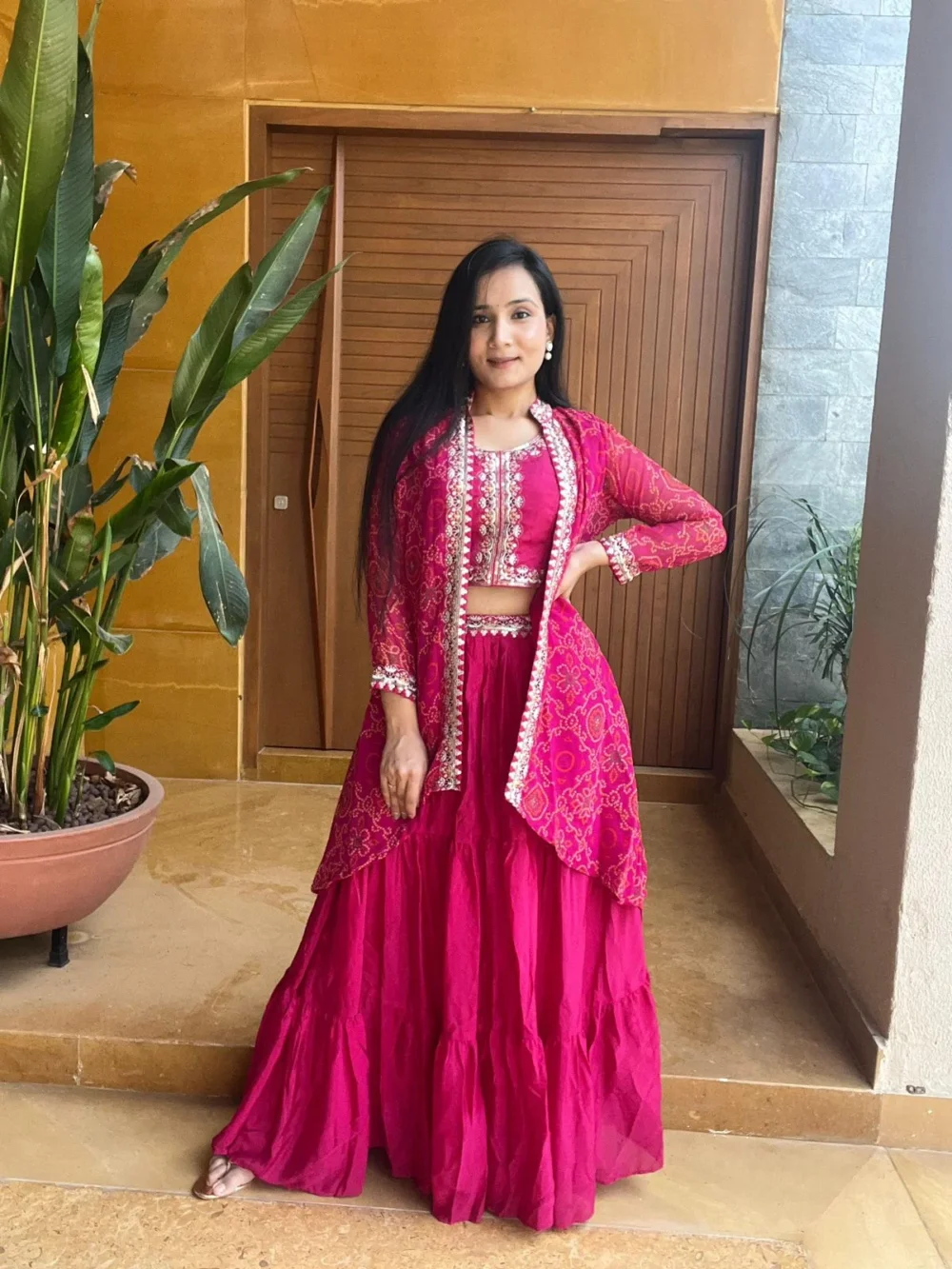 Pink Color Bandhej Lehenga Choli with Shrug