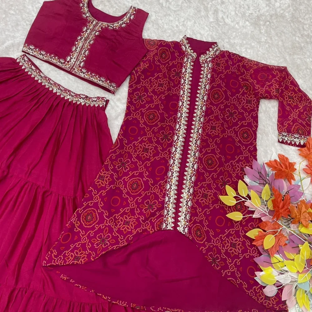Pink Color Bandhej Lehenga Choli with Shrug